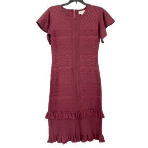 Bohme Knit Textured Burgundy Dress Size L With Ruffle Trim & Puff Sleeves .